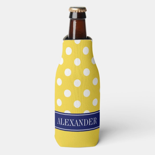 Pineapple Wht LG Polka Dot CB Navy Name Monogram Bottle Cooler (Bottle Front)
