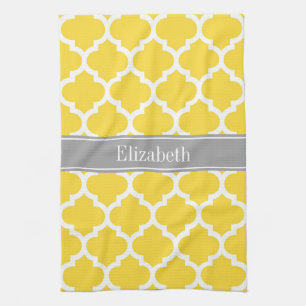 Pineapple Wht Moroccan #5 Dk Grey Name Monogram Tea Towel
