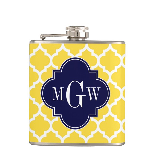 Pineapple Wht Moroccan #5 Navy 3 Initial Monogram Hip Flask (Front)