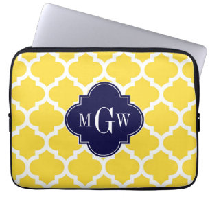 Pineapple Wht Moroccan #5 Navy 3 Initial Monogram Laptop Sleeve