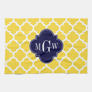 Pineapple Wht Moroccan #5 Navy 3 Initial Monogram Tea Towel