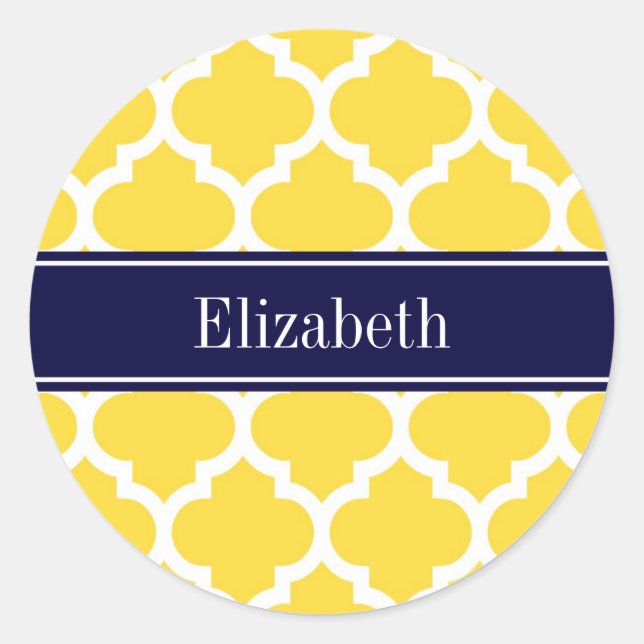 Pineapple Wht Moroccan #5 Navy Blue Name Monogram Classic Round Sticker (Front)