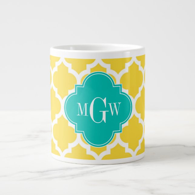 Pineapple Wht Moroccan #5 Teal 3 Initial Monogram Large Coffee Mug (Front)