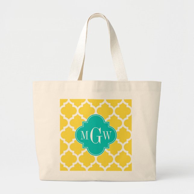 Pineapple Wht Moroccan #5 Teal 3 Initial Monogram Large Tote Bag (Front)