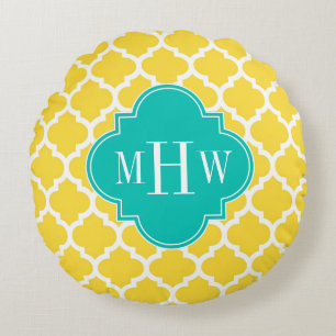 Pineapple Wht Moroccan #5 Teal 3 Initial Monogram Round Cushion
