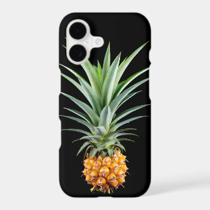 Pineapple with big hairdo on black background