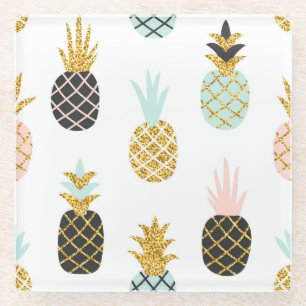 Pineapple with gold glitter, creative pattern. glass coaster