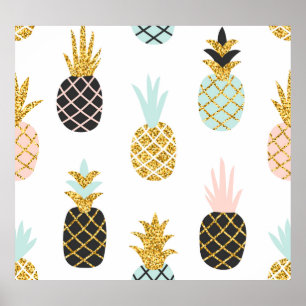 Pineapple with gold glitter, creative pattern. poster