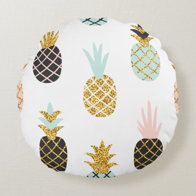 Pineapple with gold glitter, creative pattern. round cushion (Front)