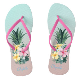 Pineapple With Tropical Flowers Thongs