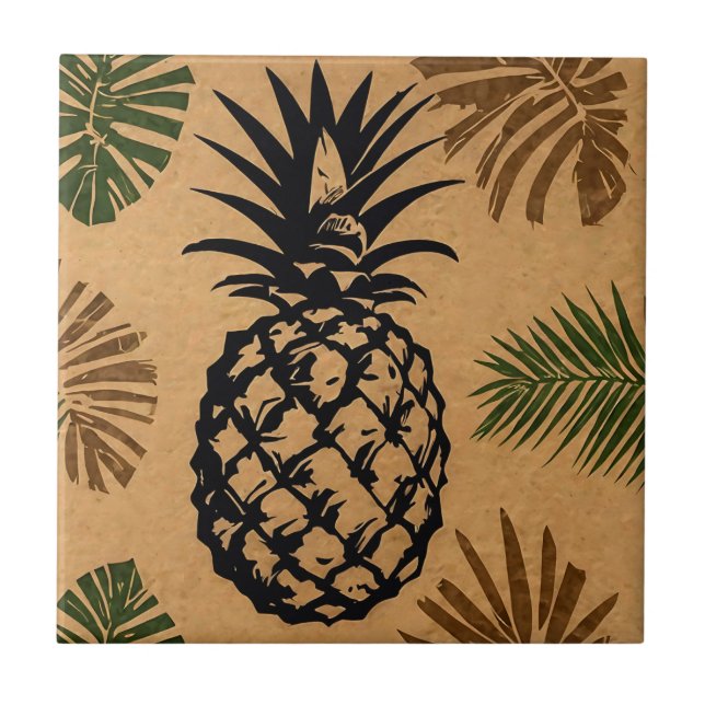 Pineapple with Tropical Leaves  Ceramic Tile (Front)