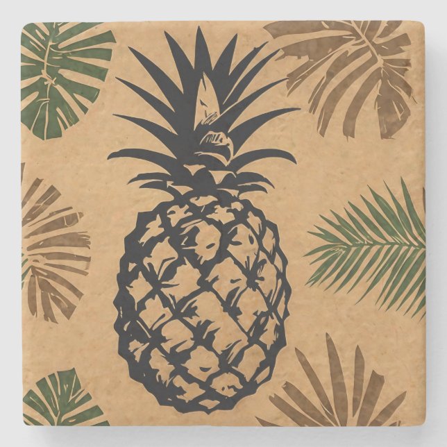 Pineapple with Tropical Leaves  Stone Coaster (Front)