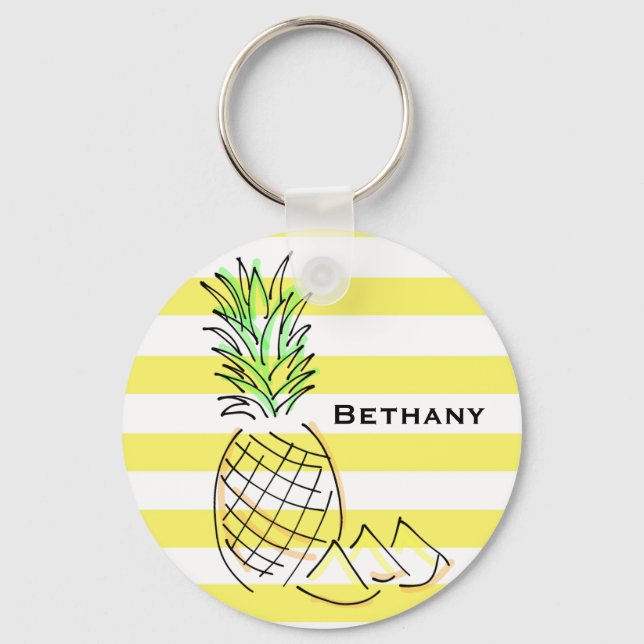 Pineapple Yellow Stripes Summer Personalised Key Ring (Front)