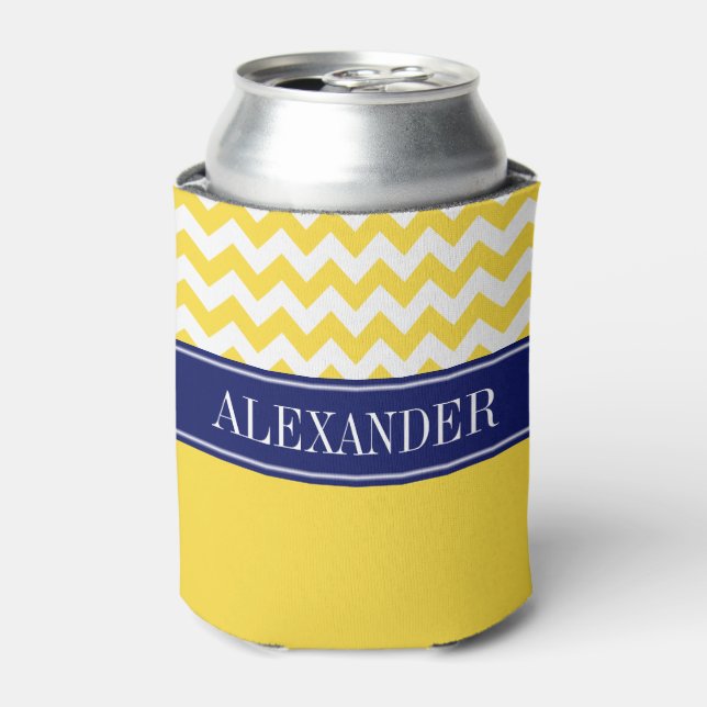Pineapple Yellow Wht Chevron CB Navy Name Monogram Can Cooler (Can Front)