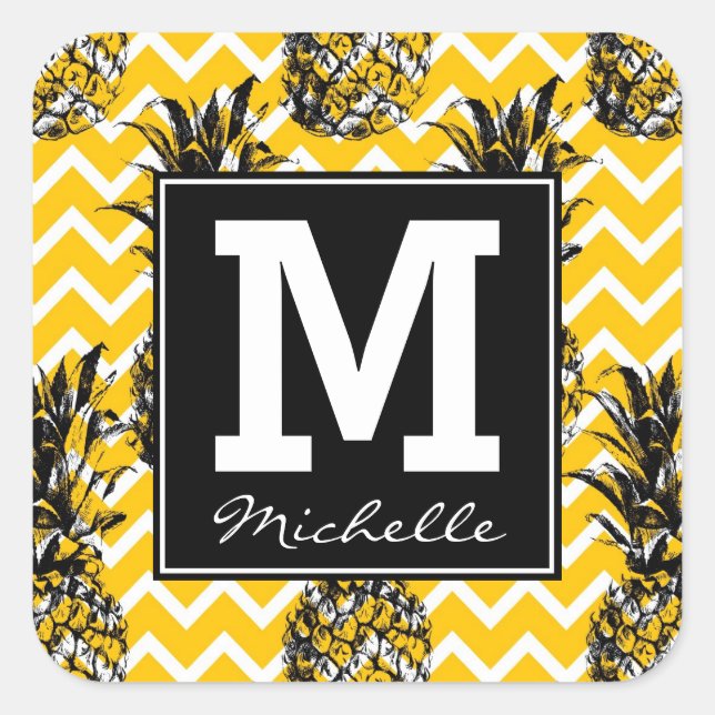 Pineapple Zigzags | Monogram Square Sticker (Front)