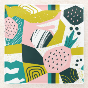 Pineapples Abstract: Colourful Seamless Patchwork Glass Coaster