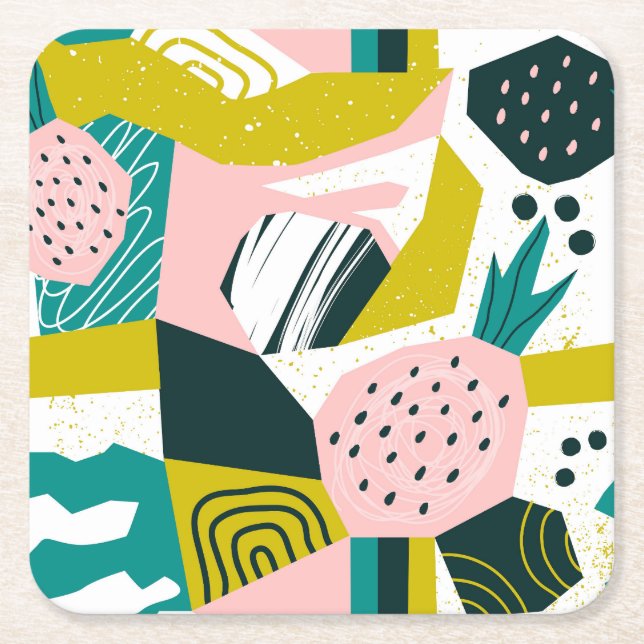 Pineapples Abstract: Colourful Seamless Patchwork Square Paper Coaster (Front)