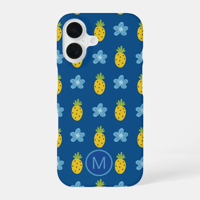 Pineapples and Blue Flowers Monogram iPhone 16 Case (Back)
