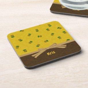 Pineapples and Bow Yellow Tropical Customisable Coaster