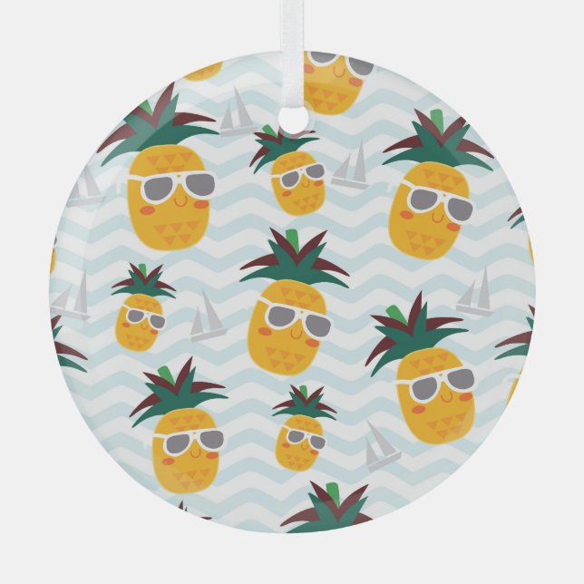 Pineapples, boat: cute ocean pattern. glass tree decoration (Front)