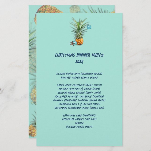 Pineapples Christmas Family Dinner Party Menu (Front/Back)