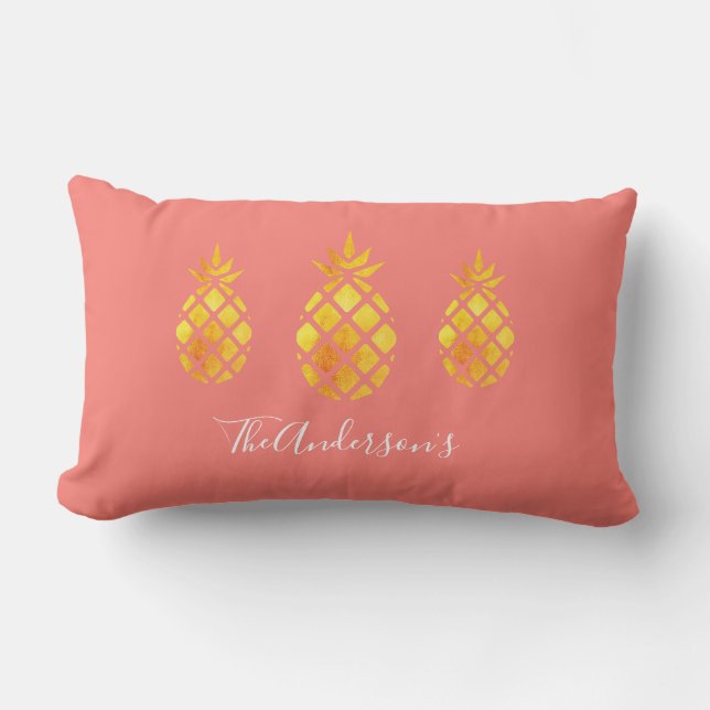 Pineapples gold coral name outdoor lumbar cushion (Front)