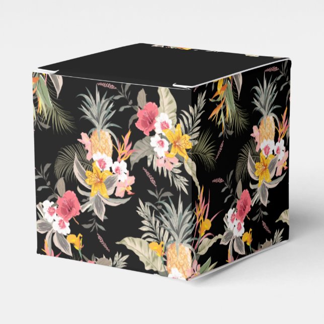 Pineapples Hibiscus Flowers on Black Square Favour Box (Front Side)