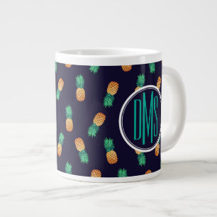 Pineapples On Navy   Monogram Large Coffee Mug