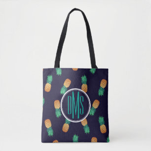 Pineapples On Navy Monogram Tote Bag