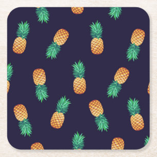 Pineapples On Navy Square Paper Coaster