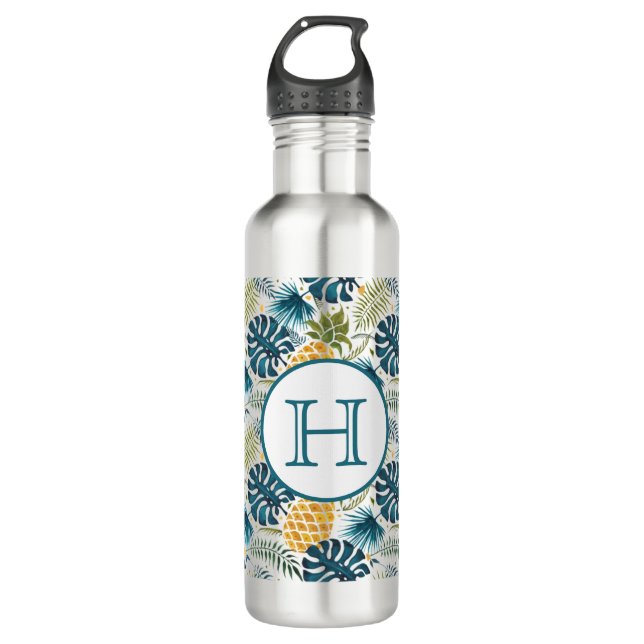 Pineapples palm leaves foliage monogram 710 ml water bottle (Front)