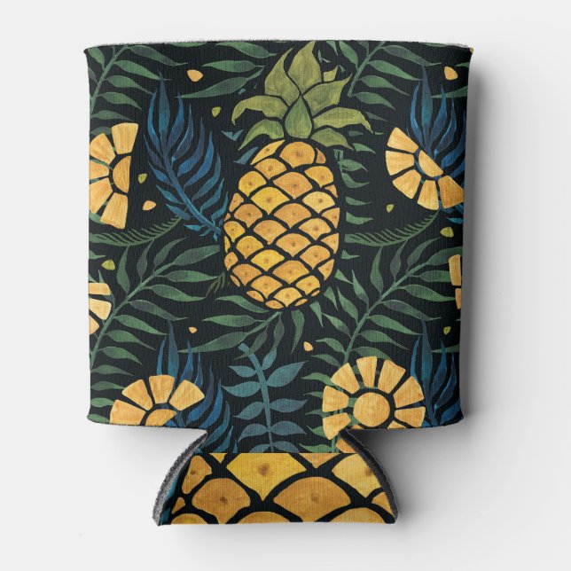 Pineapples, palm leaves: tropical pattern. can cooler (Front)