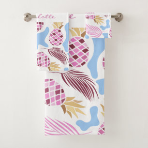 Pineapples pink blue tropical pattern name bath towel set