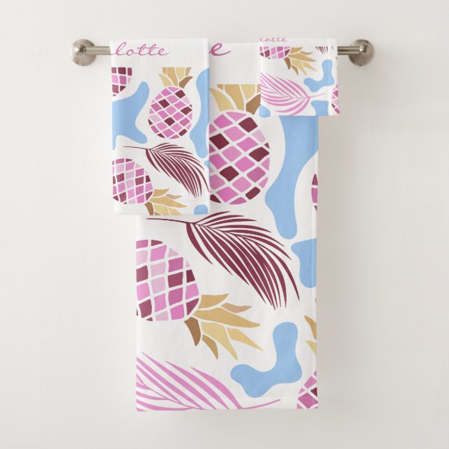 Pineapples pink blue tropical pattern name bath towel set (Insitu)