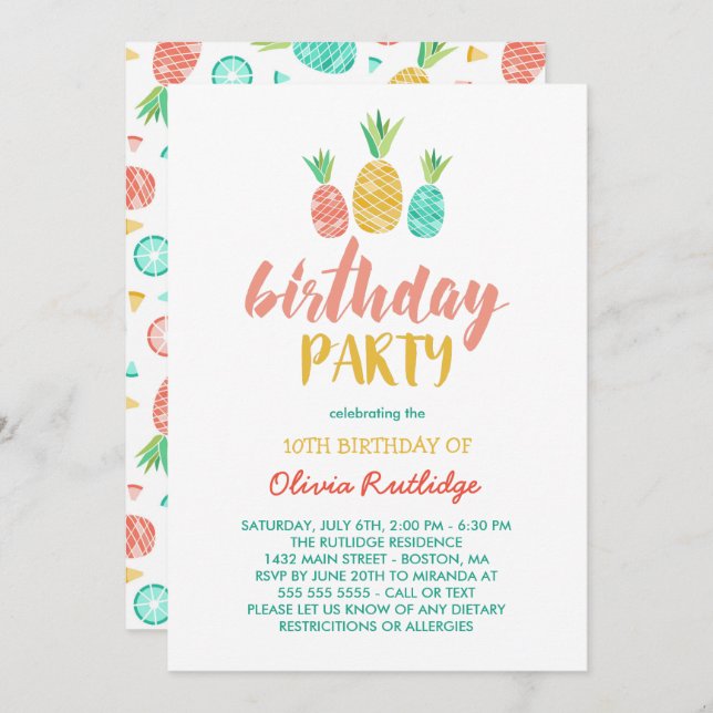 Pineapples - Summer Birthday Party Invitation (Front/Back)