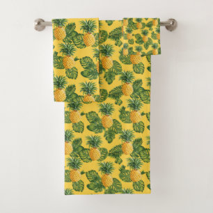 Pineapples & Tropical Leaves On Gold Bath Towel Set