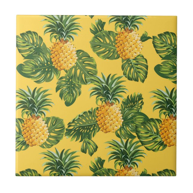 Pineapples & Tropical Leaves On Gold Ceramic Tile (Front)