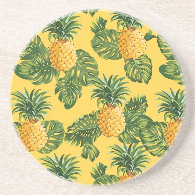 Pineapples & Tropical Leaves On Gold Coaster (Front)