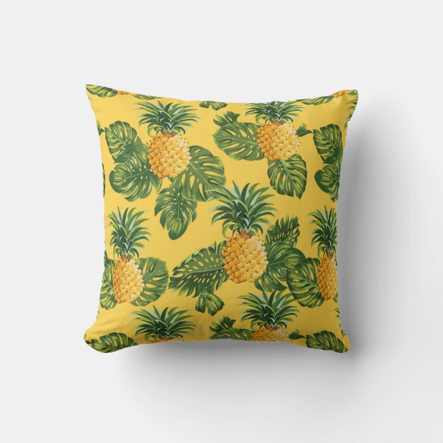 Pineapples & Tropical Leaves On Gold Cushion (Front)