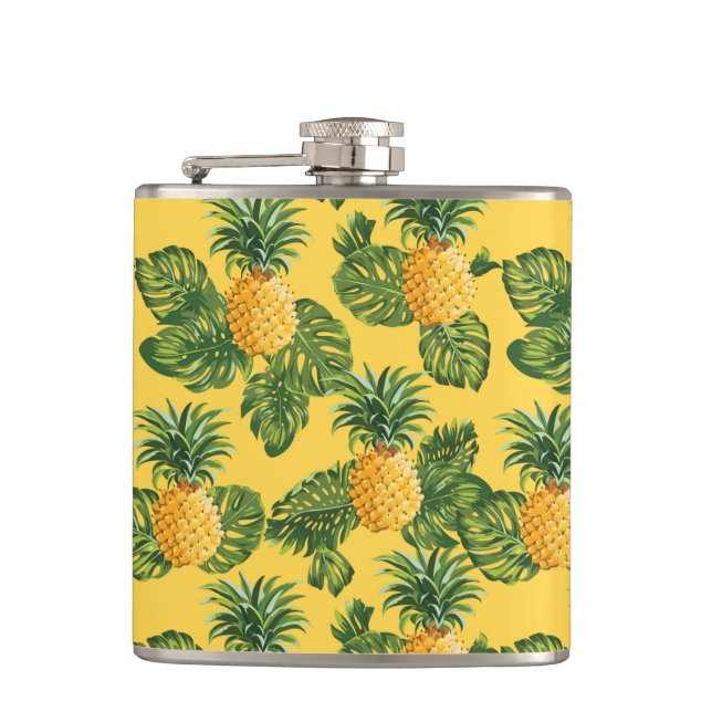 Pineapples & Tropical Leaves On Gold Hip Flask (Front)