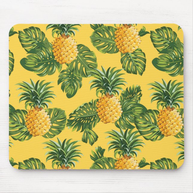 Pineapples & Tropical Leaves On Gold Mouse Pad (Front)