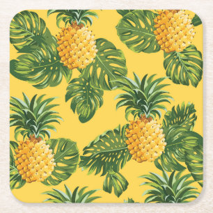 Pineapples & Tropical Leaves On Gold Square Paper Coaster