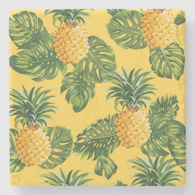 Pineapples & Tropical Leaves On Gold Stone Coaster (Front)