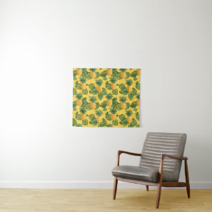 Pineapples & Tropical Leaves On Gold Tapestry