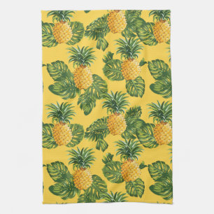 Pineapples & Tropical Leaves On Gold Tea Towel