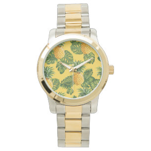 Pineapples & Tropical Leaves On Gold Watch