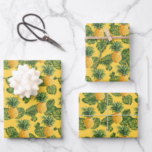Pineapples & Tropical Leaves On Gold Wrapping Paper Sheet