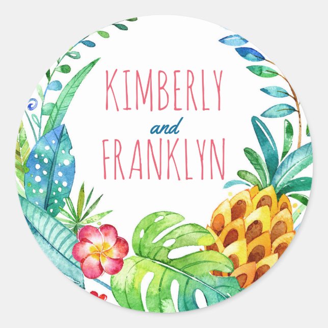 pineapples tropical palms beach wedding classic round sticker (Front)