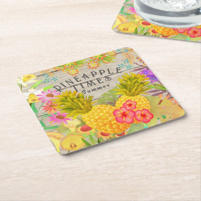 Pineapples with Floral Square Paper Coaster (Angled)