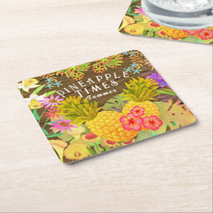 Pineapples with Floral Square Paper Coaster